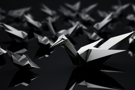 Group of origami birds flying in air. Freedom, creativity, and sense of lightness. Various projects such as art and craft blogs, nature-themed designs, and educational materials on origami.の素材