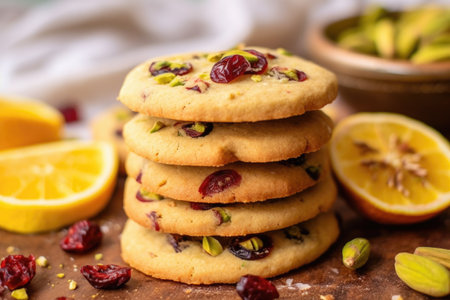 Mouthwatering stack of cookies filled with cranberries and pistachios. Perfect for holiday gatherings or sweet treat any time of year.の素材