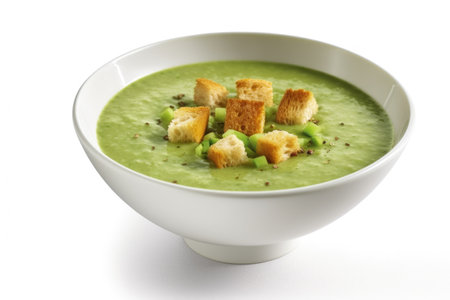 Delicious bowl of soup with crispy croutons and fresh peas. Perfect for comforting meal or warm appetizer.の素材