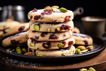 Stack of cookies sitting on top of plate. Perfect for food blogs, recipe websites, or bakery promotions.の素材