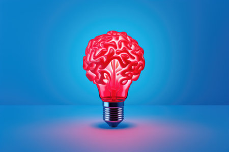 Red light bulb with brain inside. Creativity, innovation, or power of ideas. It is perfect for illustrating concepts related to intelligence, imagination, or problem-solving.の素材
