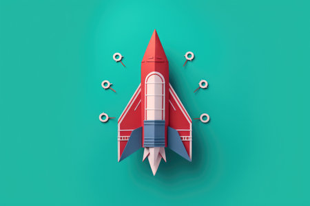 Vibrant red and blue rocket ship is depicted on green background. This image can be used to illustrate space exploration, futuristic concepts, or children's imagination and playtime.の素材