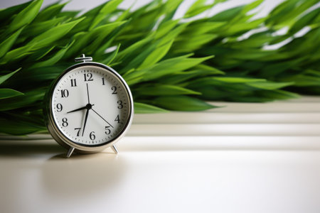 Clock sitting on top of table next to plant. This image can be used to depict time management, productivity, or adding touch of nature to interior design.の素材