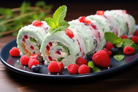 Delicious ice cream roll topped with fresh raspberries and garnished with mint leaves. Perfect for refreshing summer treat or dessert option at party.の素材
