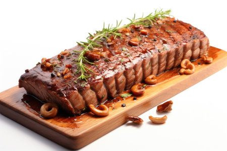 Piece of meat is displayed on rustic wooden cutting board. This image can be used to showcase fresh ingredients or to depict cooking and food preparation.の素材