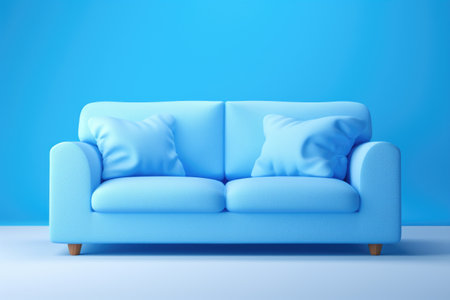 Picture of blue couch with pillows against blue wall. This image can be used to showcase modern interior design or to illustrate the concept of relaxation and comfort in living space.の素材