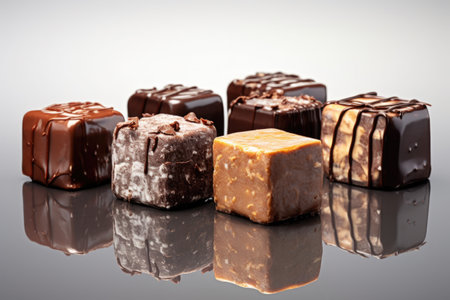 Collection of delicious chocolates arranged neatly on table. Variety of flavors and textures. Ideal for food blogs, recipe websites, or advertisements promoting indulgence and luxury.の素材
