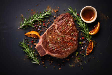 Delicious piece of steak seasoned with herbs and spices, presented on sleek black surface. Perfect for food blogs, recipe websites, or restaurant menus.の素材