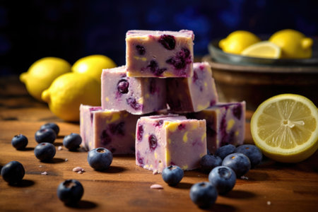 Pile of blueberries and lemons sitting on table. This versatile image can be used in various contexts, such as food and nutrition, healthy eating, recipes, or summer-themed designs.の素材