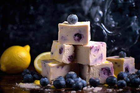 Pile of fresh blueberries and lemons on wooden table. Perfect for food and beverage related projects.の素材