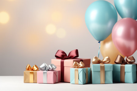 Group of gift boxes and balloons arranged on table. Perfect for celebrations and special occasions.の素材