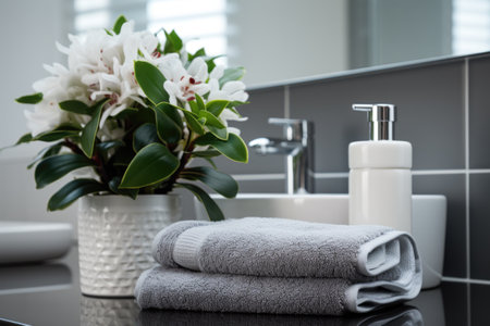 Bathroom sink with two towels and bottle of lotion. Perfect for showing cleanliness and hygiene in bathroom setting.の素材