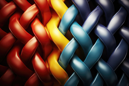 Close-up view of variety of different colored braids. Vibrant and diverse range of hairstyles and colors available. Fashion magazines, hair product advertisements, or articles about hair trends.の素材