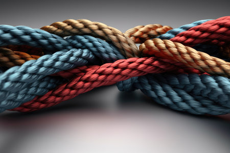 Detailed close-up of knot of rope placed on table. Can be used to depict concepts of strength, security, or problem-solving in various industries.の素材