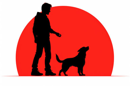 Striking silhouette of man and his loyal dog standing in front of vibrant red sun. Bond between man and his furry companion.の素材