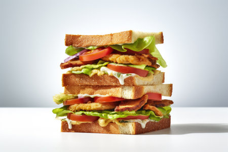 Stack of sandwiches with fresh lettuce, juicy tomato slices, and melted cheese. Perfect for quick and delicious meal. Can be used in various food-related projects.の素材