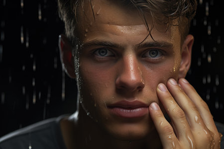 Close-up view of person's face with water droplets on their skin. Feeling of water on face. Perfect for illustrating concepts of hydration, skincare, or effects of water on body.の素材