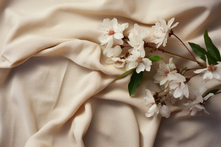 Beautiful bunch of white flowers sitting on top of bed. This image can be used for various purposes, such as home decor, wedding invitations, or floral arrangements.の素材