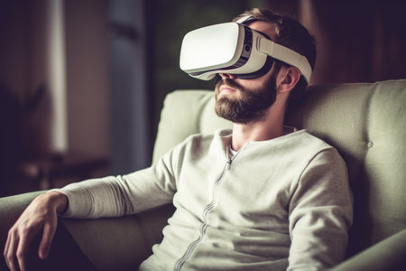 Man is sitting on couch and wearing virtual reality headset. This image can be used to illustrate the concept of virtual reality technology and its applications.の素材