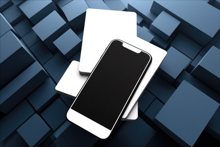 Cell phone is seen sitting on top of pile of boxes. This versatile image can be used to represent technology, communication, moving, or storage.の素材