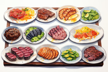 Collection of various dishes displayed on table. Suitable for use in restaurant menus or food-related articles.の素材