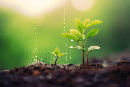 Detailed view of plant emerging from soil. This image can be used to depict growth, new beginnings, and beauty of nature.の素材