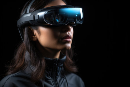 Woman is pictured wearing virtual reality headset. This image can be used to illustrate the concept of virtual reality technology and its applications in various industries.の素材