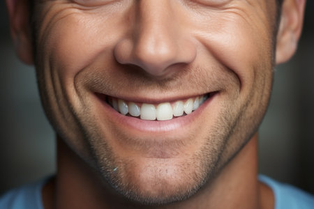Close up shot of man with smile on his face while holding toothbrush in his mouth. Perfect for dental hygiene concepts and personal care advertisements.の素材