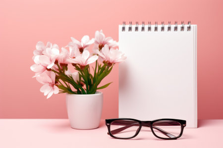 Simple composition featuring notepad, glasses, and bouquet of flowers placed on table. Suitable for various purposes such as office-related themes or creative projects.の素材