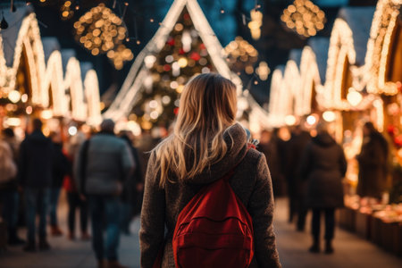 Woman is seen walking down street, passing by beautifully decorated Christmas tree. Festive holiday season and joyous atmosphere on streets during Christmas time.の素材