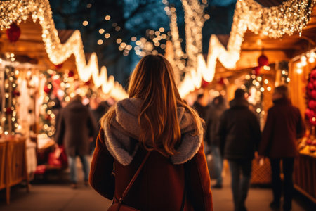 Woman in red coat walking through vibrant market. This image can be used to depict shopping, exploring local culture, or bustling city scene.の素材
