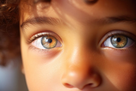 Detailed close-up of child's eyes as they hold toothbrush. This image can be used to promote dental hygiene and importance of brushing teeth regularly.の素材