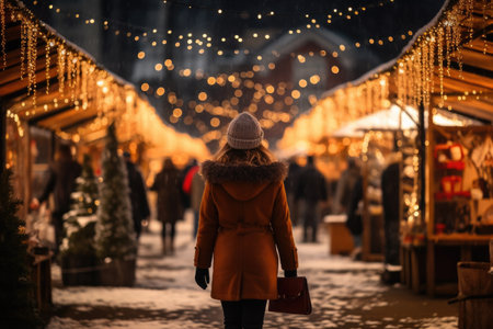 Woman is walking down snowy street with beautiful lights in background. This picture can be used to depict winter scene or holiday atmosphere.の素材