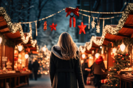 Woman is seen walking down street with beautiful Christmas lights in background. This image can be used to capture festive spirit during holiday season.の素材