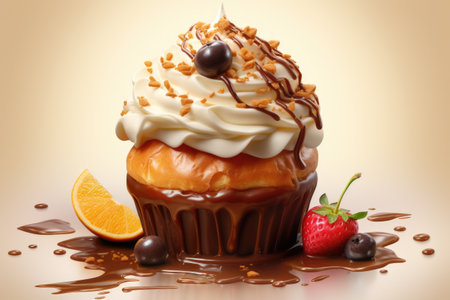 Delicious chocolate cupcake covered in rich chocolate and topped with fluffy whipped cream and fresh fruit. Perfect for any dessert lover or special occasion.の素材