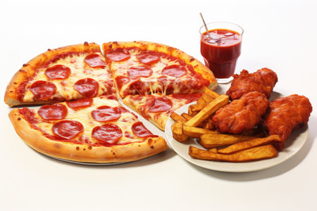 A mouth-watering image of a delicious pizza and crispy French fries served on a plate. Perfect for food lovers and restaurant promotions.の素材