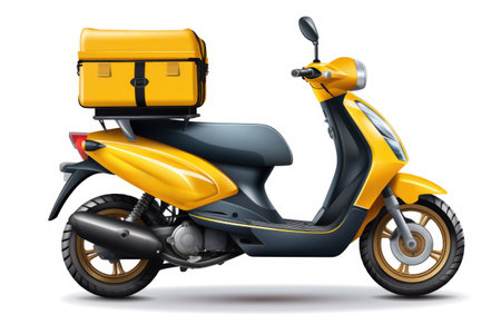 A picture of a yellow and black scooter with a box attached to the back. Suitable for transportation or delivery-related themes.の素材
