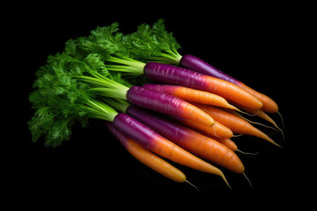 A bunch of purple and orange carrots. This image can be used in various contexts, such as healthy eating, organic food, or vegetable recipes.の素材