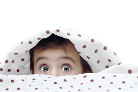 Curious little girl hiding under the blanket, playfully peeking out. Perfect for illustrating innocence and curiosity. Ideal for children's book illustrations or articles about childhood.の素材