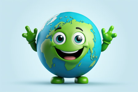 Cheerful green and blue globe with smiling face. Suitable for various uses.の素材