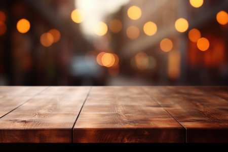 Wooden table with blurred lights in background.の素材