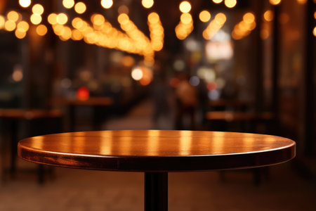 Wooden table with lights in background.の素材