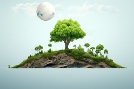 Image of island with tree and moonl in air. This picture can be used to depict tropical paradise.の素材