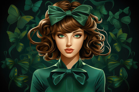 Woman wearing green bow headband. Suitable for fashion or festive occasions.の素材