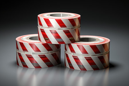 Three red and white striped tape stacked on top of each other. Suitable for caution, construction, and safety concepts.の素材