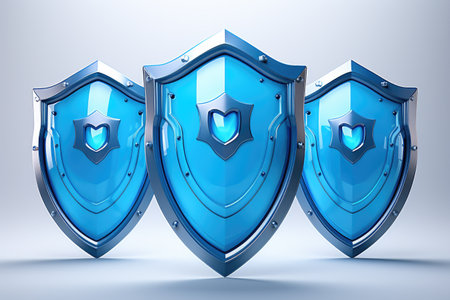 Three blue shields arranged together. Suitable for various purposes.の素材