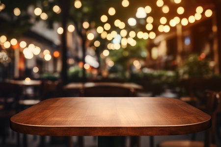 Wooden table in restaurant with lights in background. Perfect for showing the ambiance of a cozy dining experience.の素材