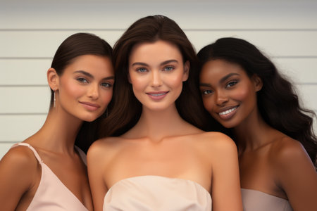 Three women standing next to each other. Suitable for depicting friendship, diversity, teamwork, or social gathering.の素材