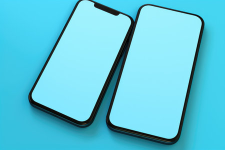 Two black and white smartphones placed on blue surface. Perfect for technology and communication concepts.の素材