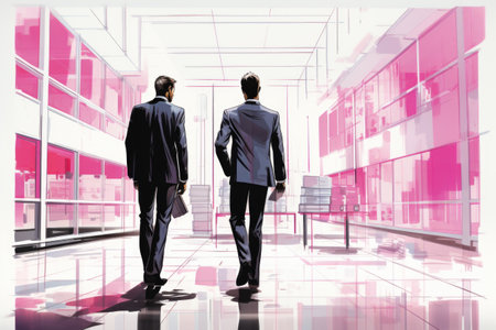 Two men walking together in the hallway. Business, teamwork, or professional themes.の素材